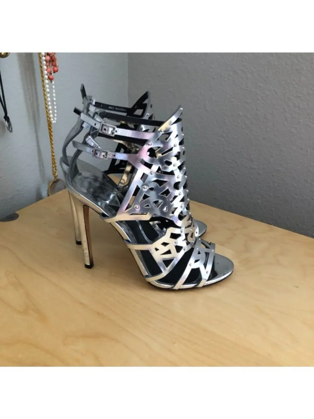 Brian Atwood Laconica Silver Heeled Sandals Women's size 8 EU 38.5 Ankle Strap